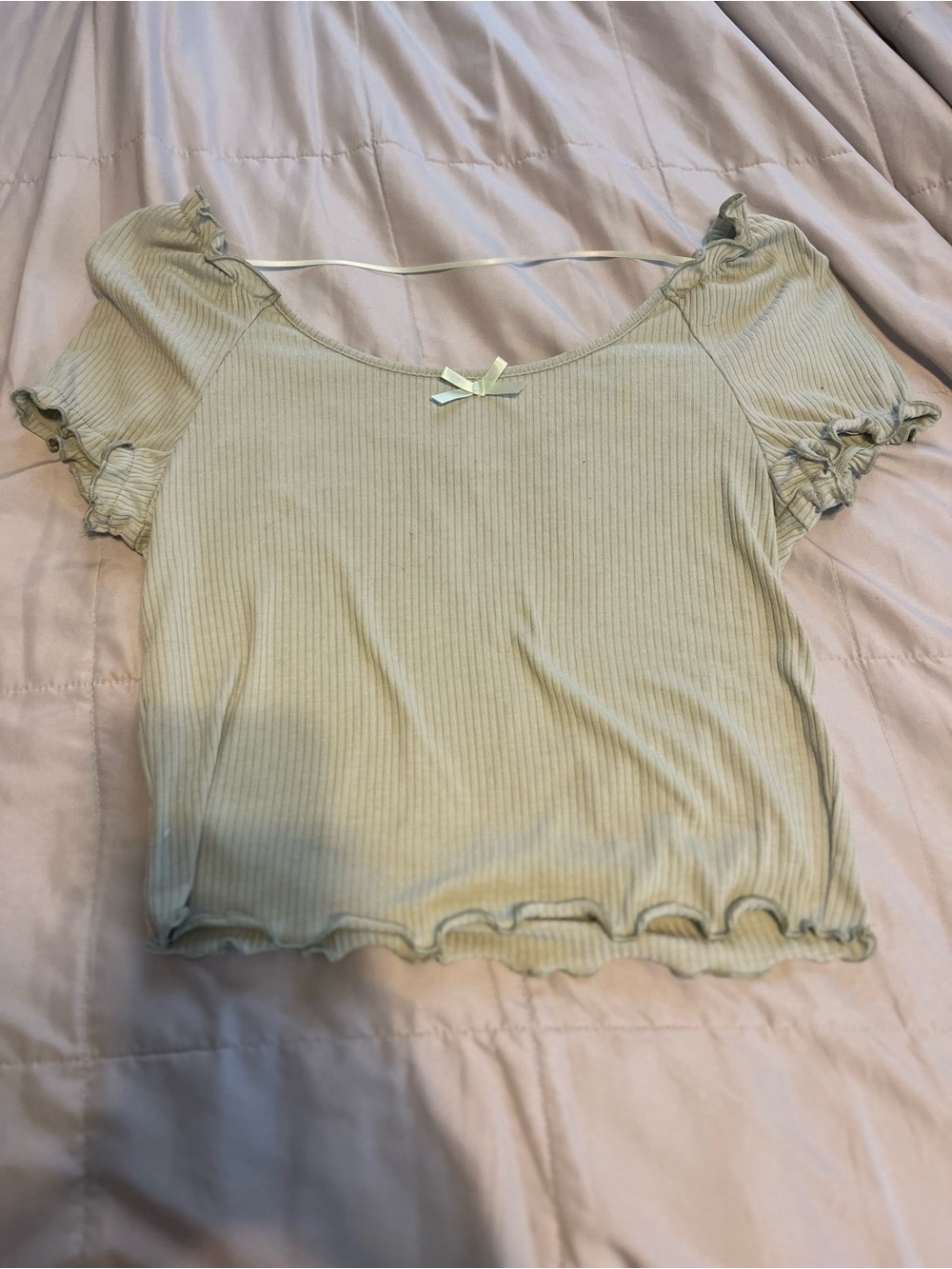 Like New, love, Fire Sage Ribbed Lettuce-Edge Crop Top with bow detail